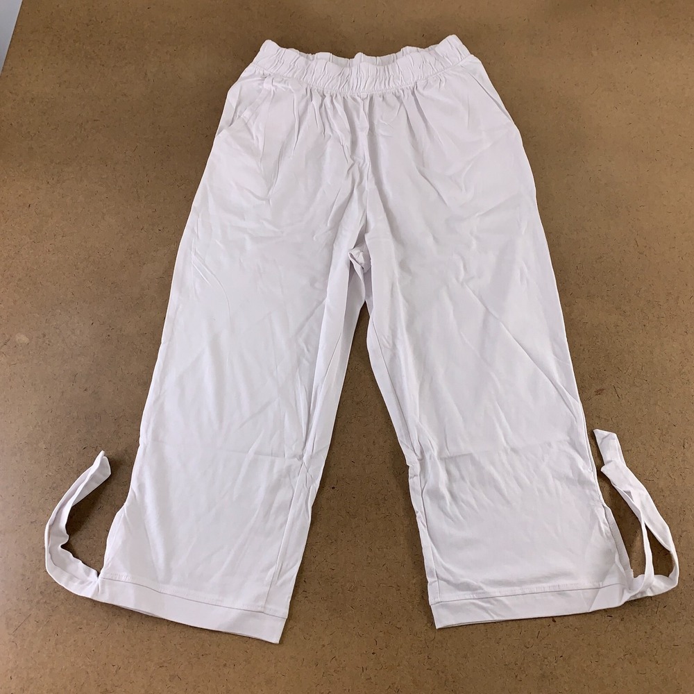 Amerimark Womens Size Large White Side-Tie Elastic Waist Cotton Capri Pants